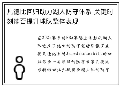 凡德比回归助力湖人防守体系 关键时刻能否提升球队整体表现